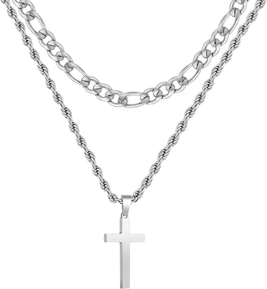 Layered Silver Cross Necklace for Men Boyfriend Son Dad Husband Brother Adult Male Young Stainless Steel Layered Figaro Twist Rope Chains Cross Pendant Necklaces Set Christian Religious Catholic Gifts