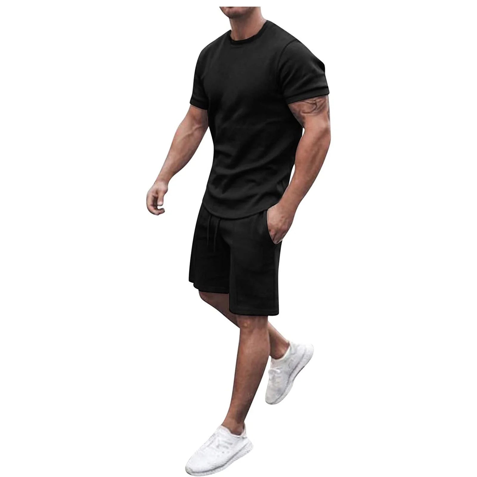 Men'S Short Sleeve T-Shirt and Shorts Set Sport Casual Crew Neck Muscle Sportswear 2 Piece Tracksuit Summer Outfits