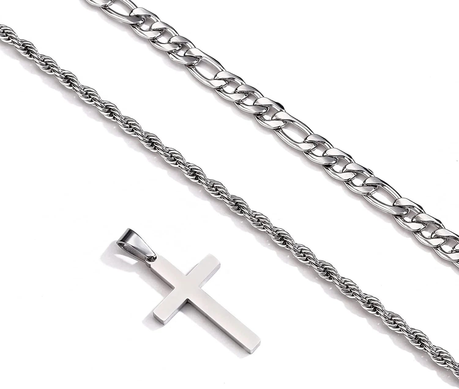 Layered Silver Cross Necklace for Men Boyfriend Son Dad Husband Brother Adult Male Young Stainless Steel Layered Figaro Twist Rope Chains Cross Pendant Necklaces Set Christian Religious Catholic Gifts