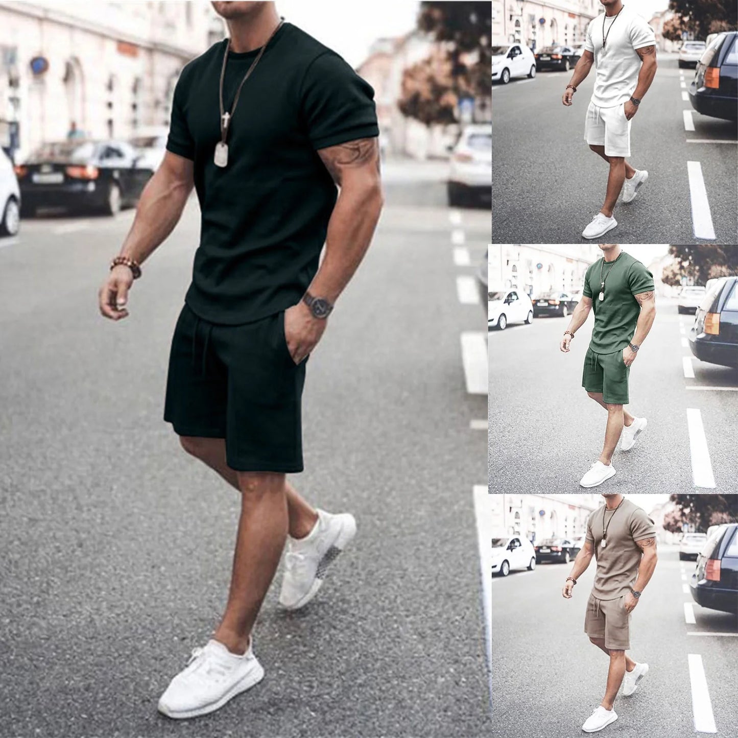 Men'S Short Sleeve T-Shirt and Shorts Set Sport Casual Crew Neck Muscle Sportswear 2 Piece Tracksuit Summer Outfits